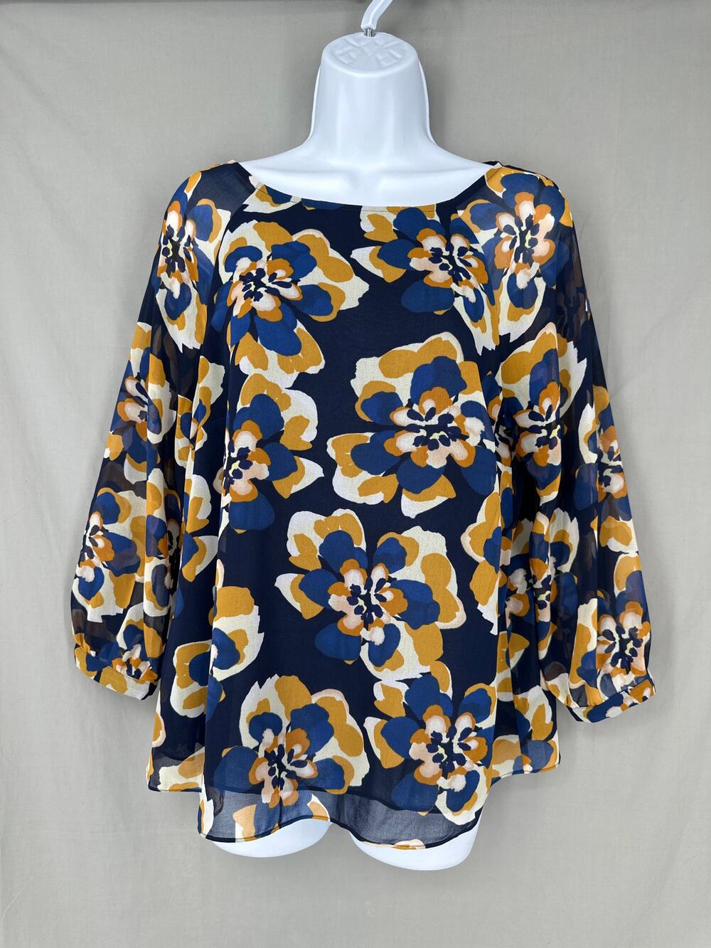 Cabi Top Women Small Blue Floral Lydia Retro Chiffon Cottage Office Boho Capsule